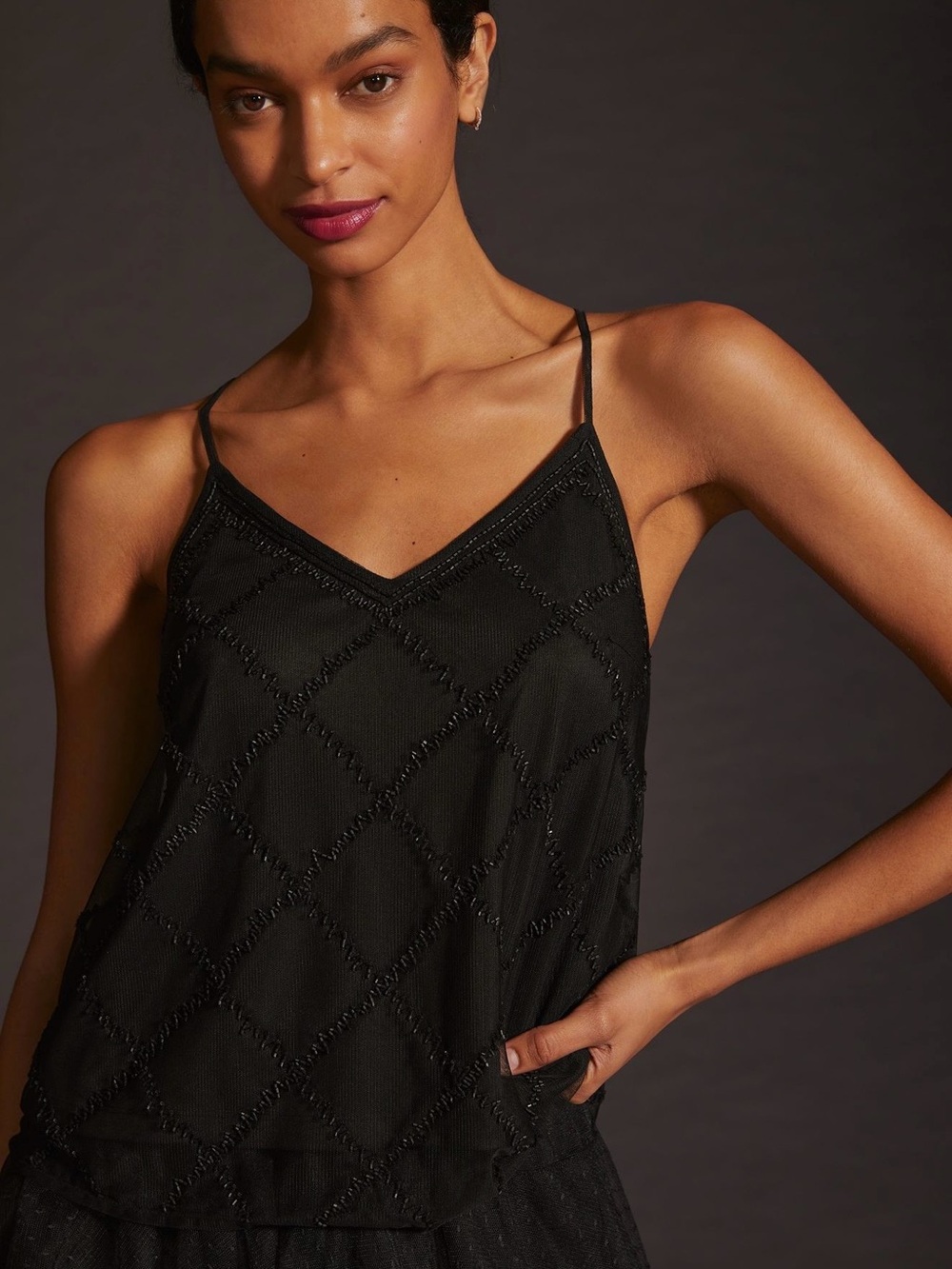 Anthropologie Black Beaded V-Neck Camisole